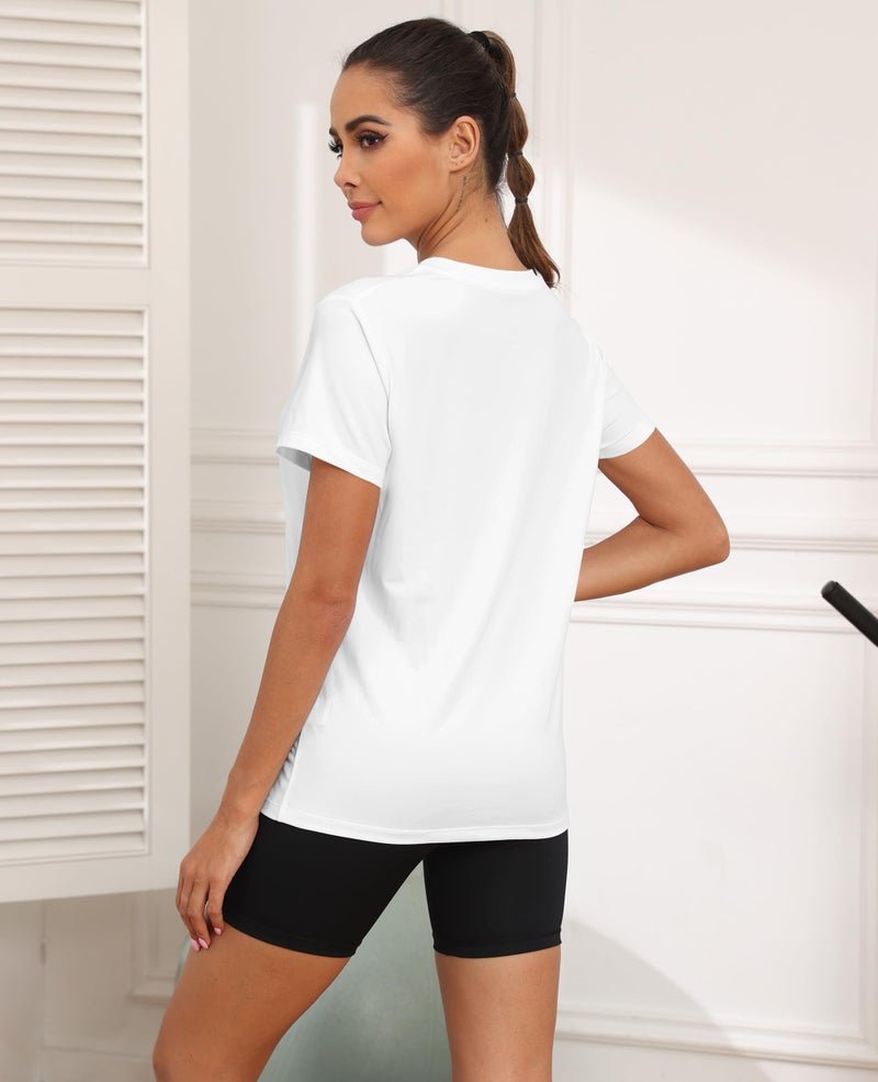 KevaMolly White Workout Tops for Women UPF50+ Breathable Loose Fit Yoga T Shirts Short Sleeve Running Gym Athletic Tee Top L - Image 4