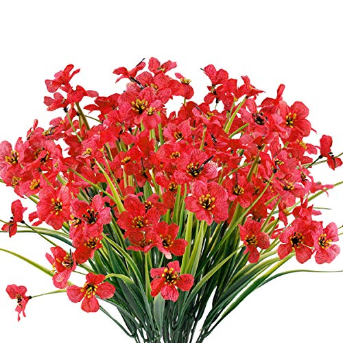 JEMONG 12 Bundles Artificial Flowers Outdoor UV Resistant Fake Flowers No Fade Faux Plants Garden Porch Window Box Decorating Deep Red