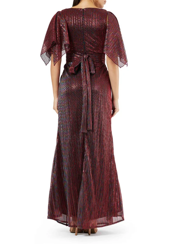 Amri Handkerchief Sleeve Wrap Over Gown in Micro Pleated Metallic Knit