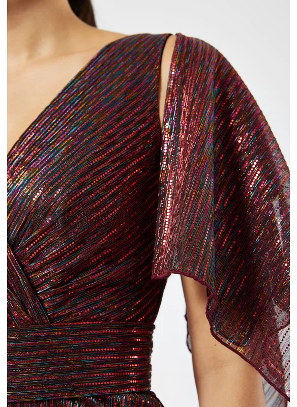 Amri Handkerchief Sleeve Wrap Over Gown in Micro Pleated Metallic Knit