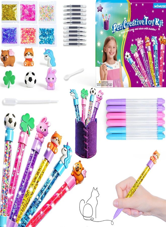 MOMUSE DIY Pen Making Kit, Fun Pen Creator Studio - Make 6 Sparkly Glitter Pens & Stitch Your Own Pen Holder, Creative Craft Toy Sewing Kits for Kids Girls Tweens 6 7 8 9 10 11 12 Birthday Gift - Image 1