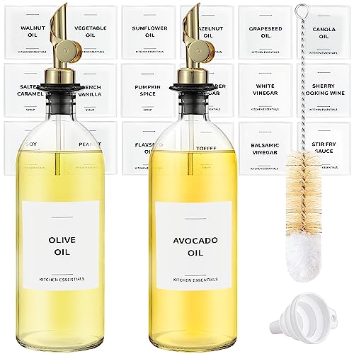 Spaceneat Olive Oil Dispenser Bottle - Includes 55 Kitchen Essential Labels - Cooking Oil Bottles for Kitchen, Coffee Syrup Dispenser - Pourer Spout with 16.9 fl oz Glass Container Cruet - 2pcs, Gold - Image 1