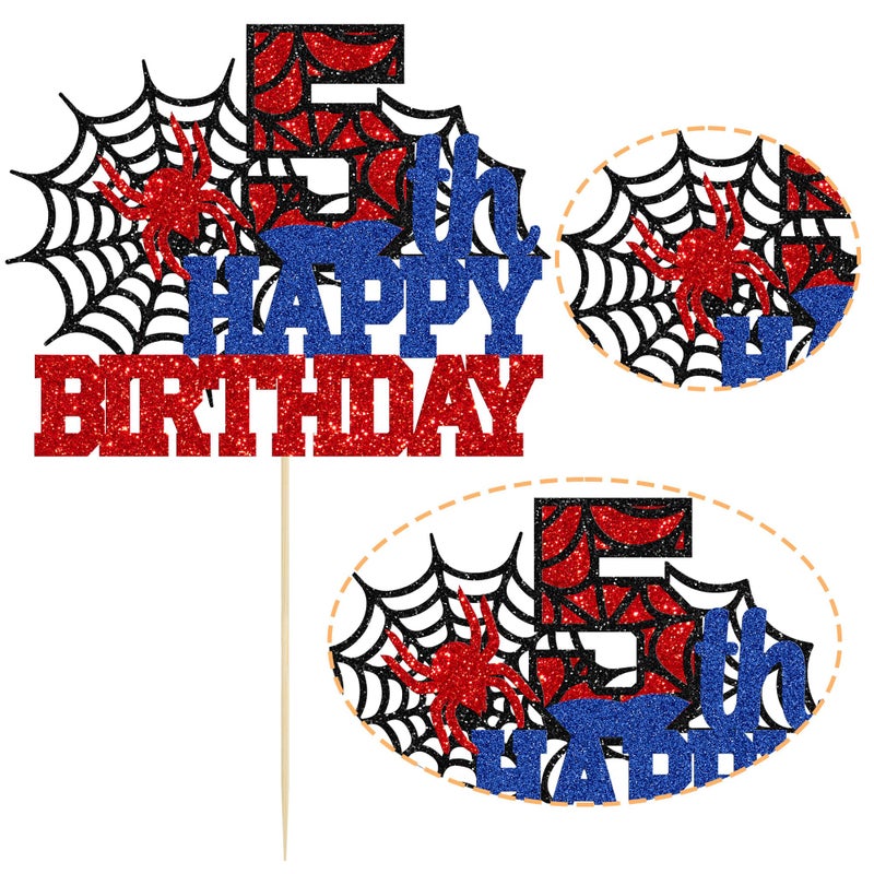 Ephlyn 1Pcs Spider Happy Birthday Cake Topper Spider Fifth Cupcake Topper 5th Birthday Cake Topper Spide Cake Decorations Party Supplies for Boys Girls - Image 3