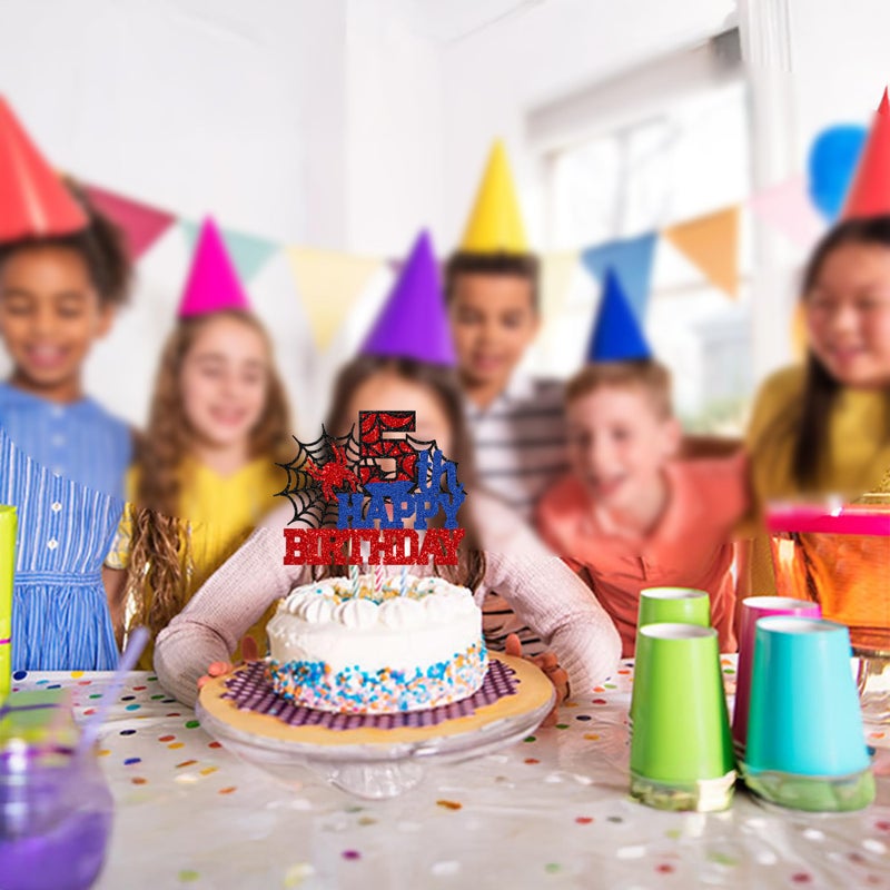 Ephlyn 1Pcs Spider Happy Birthday Cake Topper Spider Fifth Cupcake Topper 5th Birthday Cake Topper Spide Cake Decorations Party Supplies for Boys Girls - Image 4