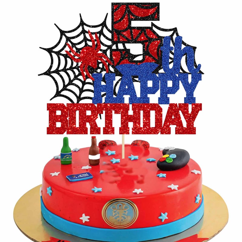Ephlyn 1Pcs Spider Happy Birthday Cake Topper Spider Fifth Cupcake Topper 5th Birthday Cake Topper Spide Cake Decorations Party Supplies for Boys Girls - Image 1