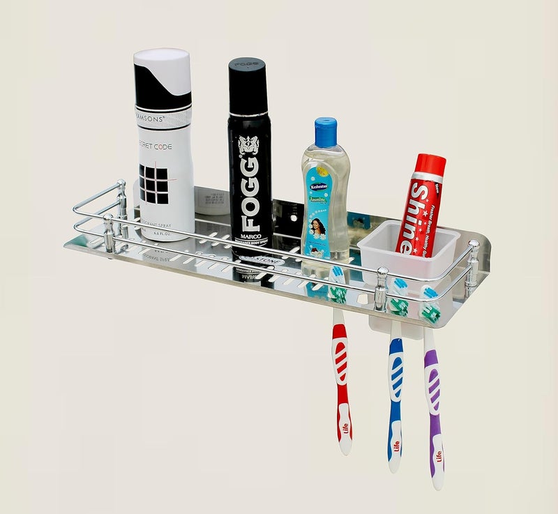 STONE STONE Stainless Steel 3in1 Multipurpose Bathroom ShelfShelvesBathroom Rack with TumblerToothbrush Holder for Bathroom Accessories 15x5 inches Stylist - Image 5