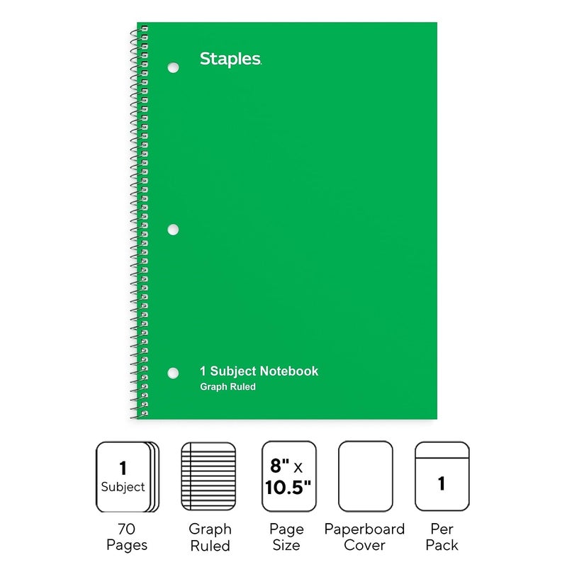 Staples STAPLES 1Subject Notebook 8inch x 105inch Graph Ruled 70 Sheets Green 3Pack ST23987CVS  - Image 2