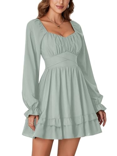 KIFOVEN Women's Lantern Long Sleeve Smocked Wrap Tiered Ruffle Flowy A Line Short Mini Dress Light Green X-Small - Image 4
