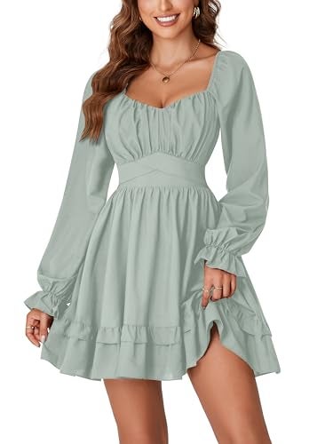 KIFOVEN Women's Lantern Long Sleeve Smocked Wrap Tiered Ruffle Flowy A Line Short Mini Dress Light Green X-Small - Image 1