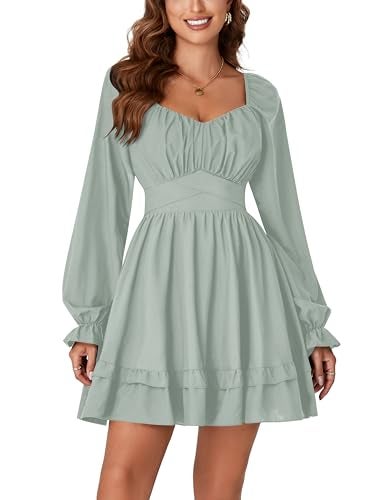 KIFOVEN Women's Lantern Long Sleeve Smocked Wrap Tiered Ruffle Flowy A Line Short Mini Dress Light Green X-Small - Image 2