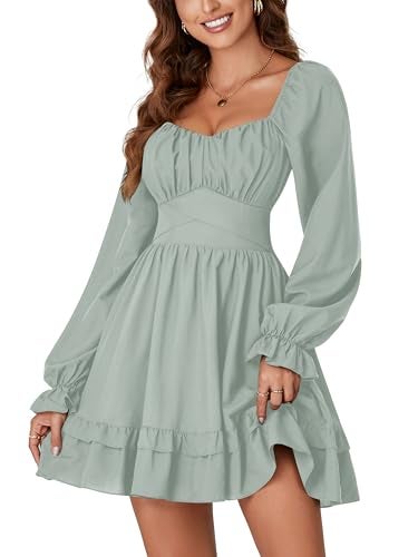 KIFOVEN Women's Lantern Long Sleeve Smocked Wrap Tiered Ruffle Flowy A Line Short Mini Dress Light Green X-Small - Image 3