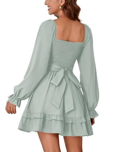 KIFOVEN Women's Lantern Long Sleeve Smocked Wrap Tiered Ruffle Flowy A Line Short Mini Dress Light Green X-Small - Image 5