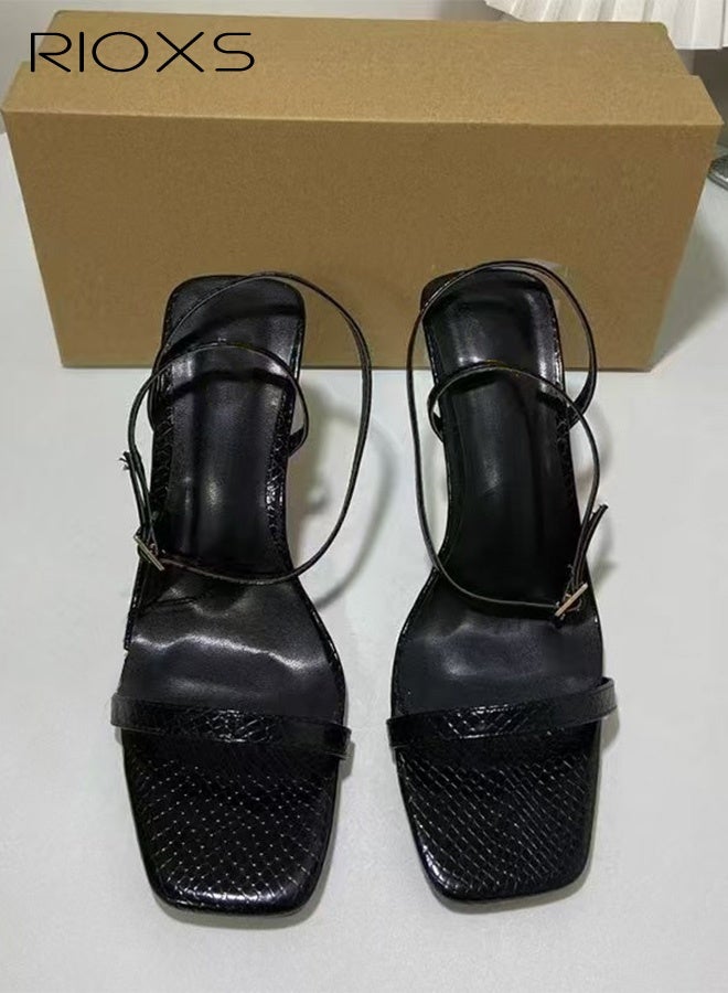 RIOXS Women's Kitten Heels Sandals, Women's Kitten Heels Sandals Shoes, Stiletto High Heel for Women, Square Open Toe Shoes, Fashion Dress Shoes for Wedding, Ladies Ankle Strap Dressy Sandals, Comfort Heeled Sandals, Black Summer Party Shoes - Image 4