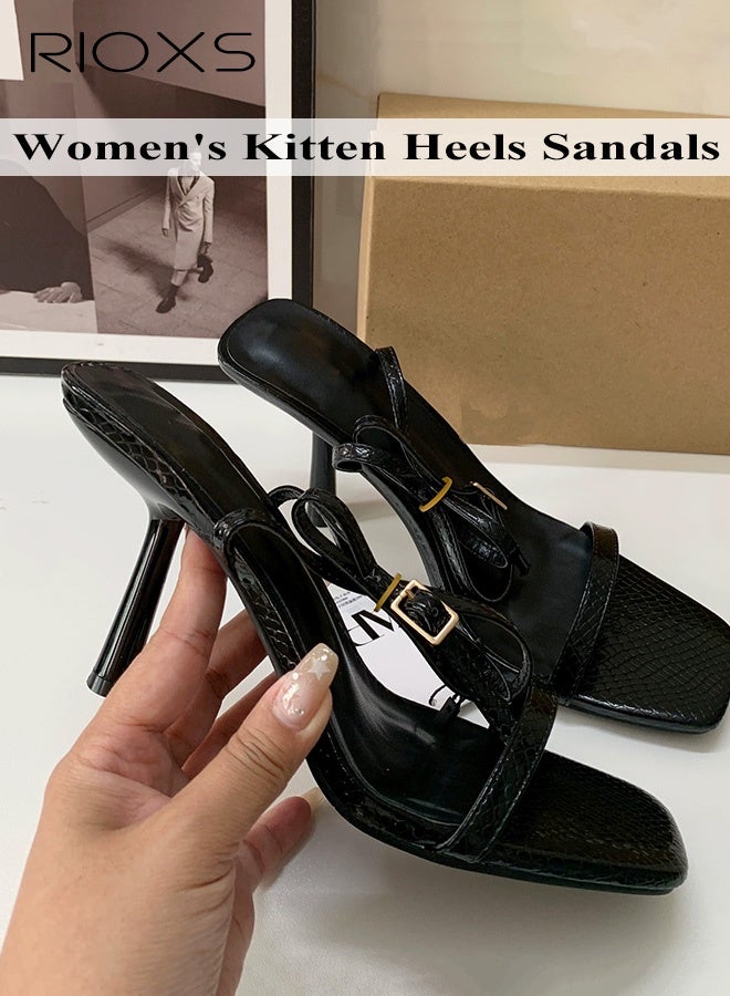 RIOXS Women's Kitten Heels Sandals, Women's Kitten Heels Sandals Shoes, Stiletto High Heel for Women, Square Open Toe Shoes, Fashion Dress Shoes for Wedding, Ladies Ankle Strap Dressy Sandals, Comfort Heeled Sandals, Black Summer Party Shoes - Image 3