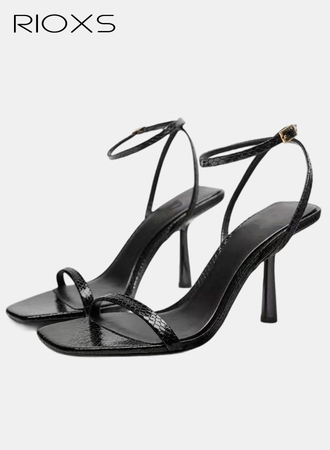 RIOXS Women's Kitten Heels Sandals, Women's Kitten Heels Sandals Shoes, Stiletto High Heel for Women, Square Open Toe Shoes, Fashion Dress Shoes for Wedding, Ladies Ankle Strap Dressy Sandals, Comfort Heeled Sandals, Black Summer Party Shoes - Image 1