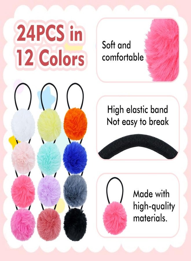Dizila 24 Pieces/12 Pairs Candy Color Fluffy Ball Pompom Hair Ties Rubber Bands Pigtail Ponytail Holders Hair Scrunchies Elastics Accessories for Baby Girls Infants Toddlers Kids Teens Thin Hair - Image 4