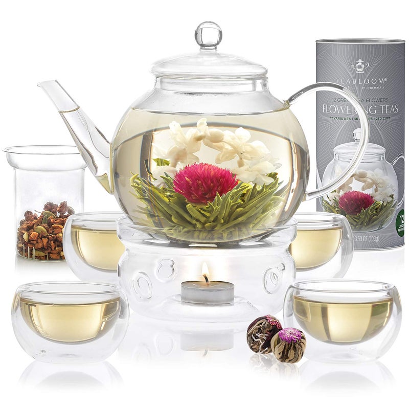 Teabloom Complete Glass Tea Set Teapot 40 oz Loose Tea Infuser 4 Insulated Teacups Tea Warmer with Candlelight and 12 Flowering Teas Elegant Blooming Tea Gift Set