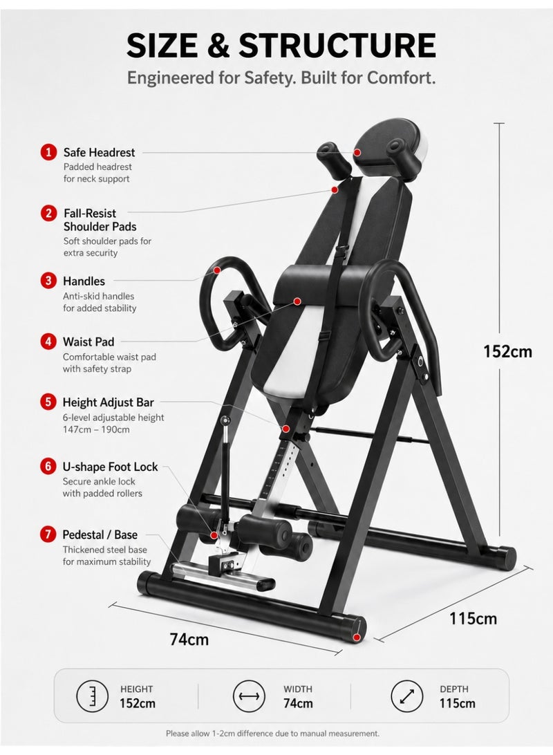 RUIYADA Inversion Table, 330lbs Capacity Heavy Duty Inversion Table, Decompression Back Stretcher Machine, Strength Training Equipment with Headrest, Ankle Lock, Adjustable Protective Belt,Ultra-Large Adjustment Range of 4.8-6.4 ft - Image 2