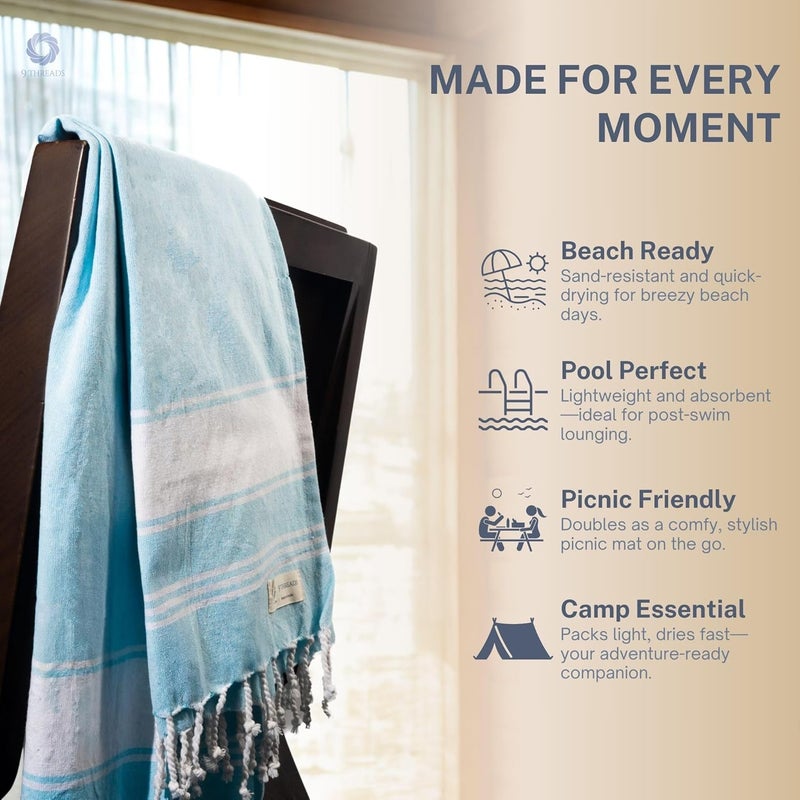 9Threads Cotton Turkish Beach Towel Towels Oversized 36"x72" Pool Absorbent Extra Large Quick Dry Sand Travel Towel (Aqua Blue, 4 Pack) - Image 2