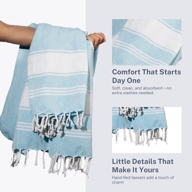 9Threads Cotton Turkish Beach Towel Towels Oversized 36"x72" Pool Absorbent Extra Large Quick Dry Sand Travel Towel (Aqua Blue, 4 Pack) - Image 3