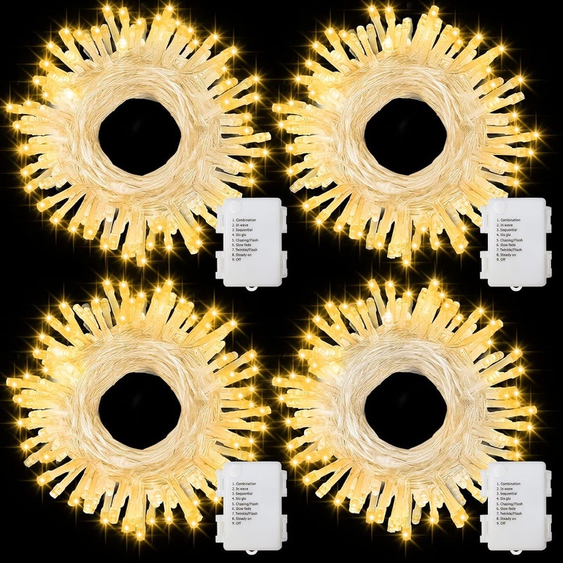DealBeta 4 Pack Battery Christmas Light String 16.5Ft 50 LED Clear Wire Sting Lights Christmas Tree Wrapped Lights Timer 8 Modes Auto On/Off Christmas Fairy Lights for Indoor Outdoor Patio Wreath Garden Deck - Image 1