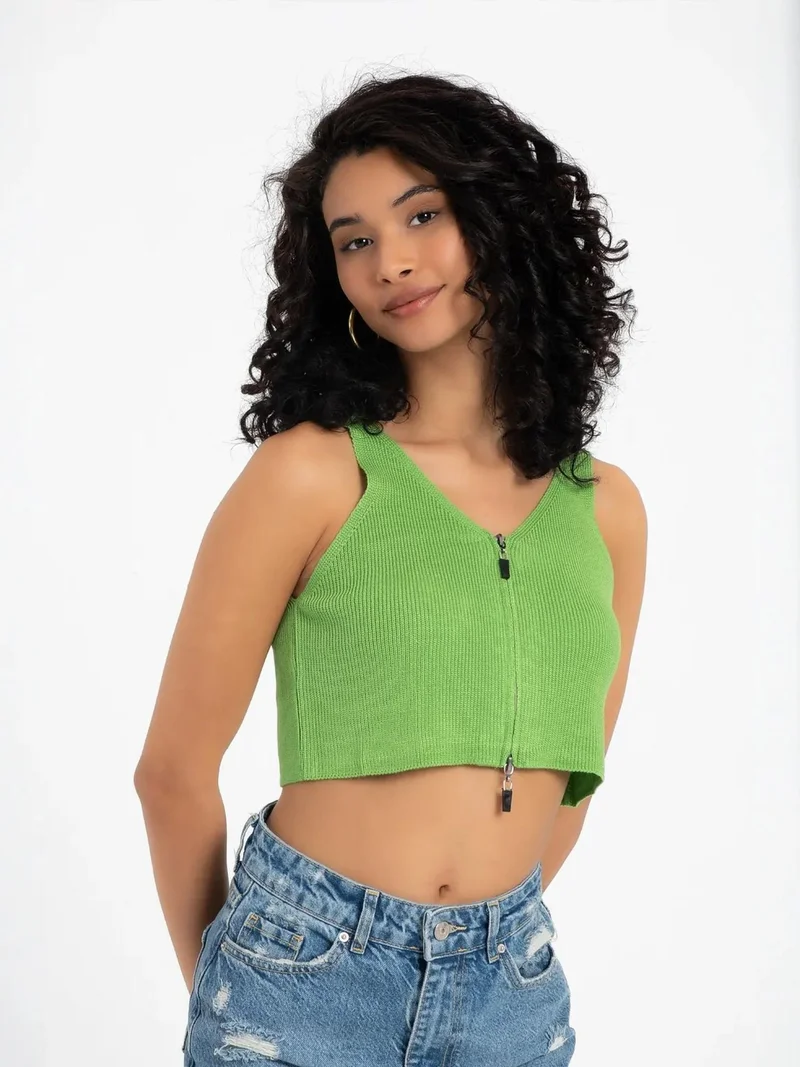 HICCUP V Neck Knitted Ribbed Zippered Crop Top