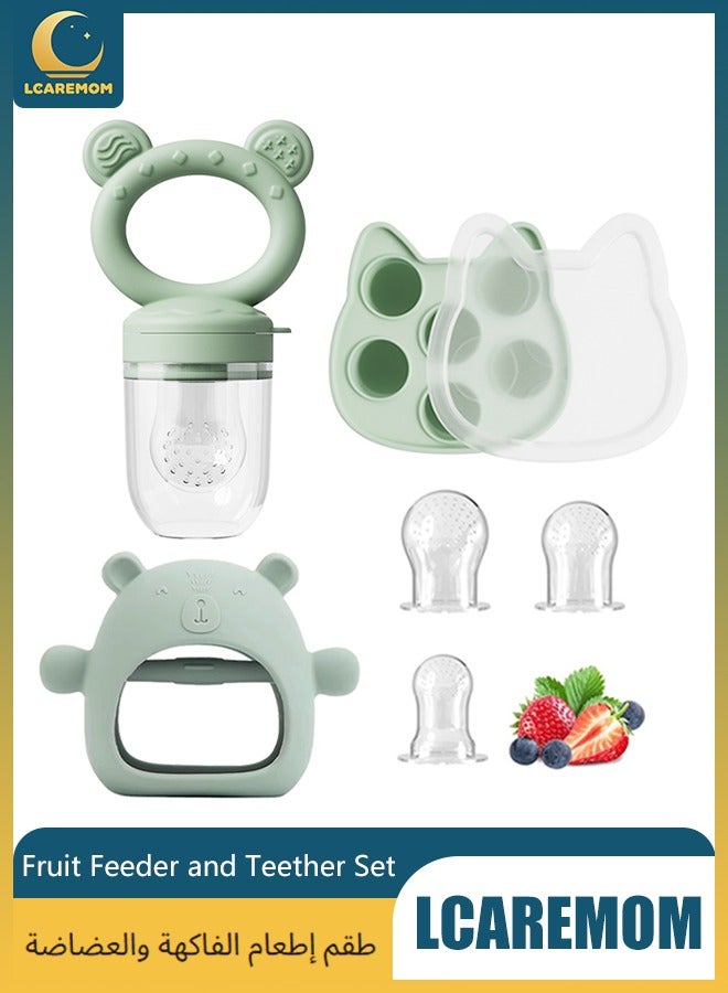 LCAREMOM Baby Fruit Feeder and Teether Set,Teething Toys for Babies,wth Baby Fruit Feeders and Food Freezer Tray, 3 Different Sized Silicone Sacs, Bpa Free Natural Organic Freezer Silicone Baby Teethers,Infant Teething Training Toys,Green - Image 1