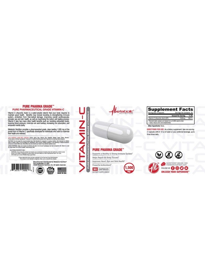 Metabolic Nutrition Metabolic Nutrition Vitamin C, 1500mg, Pure Pharma Grade, High Absorption Ascorbic Acid Capsules (90 caps) - Image 4