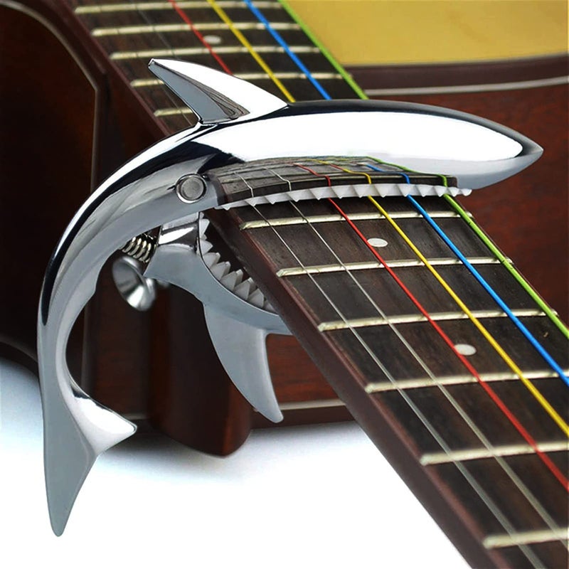 JINWEE Shark Guitar Capo for Electric Acoustic Classical Guitar with 6 Pcs Bridge Pins & Bridge Pin Puller Remover, Guitar Replacement Parts and Accessories Set(silver) - Image 4