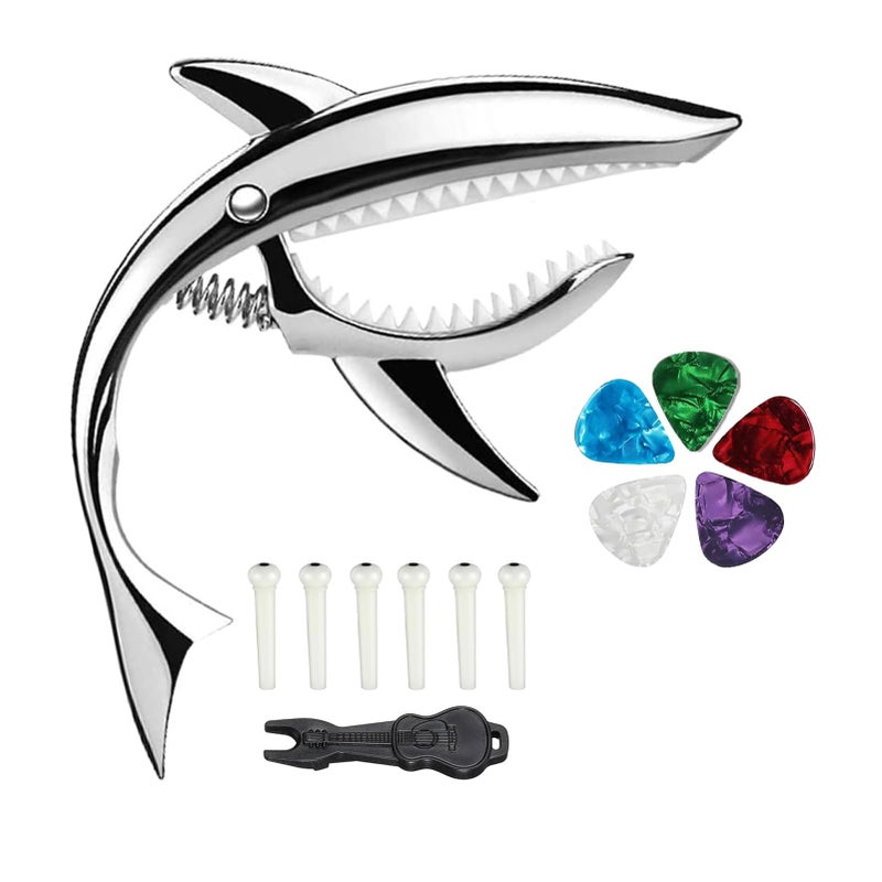 JINWEE Shark Guitar Capo for Electric Acoustic Classical Guitar with 6 Pcs Bridge Pins & Bridge Pin Puller Remover, Guitar Replacement Parts and Accessories Set(silver) - Image 1