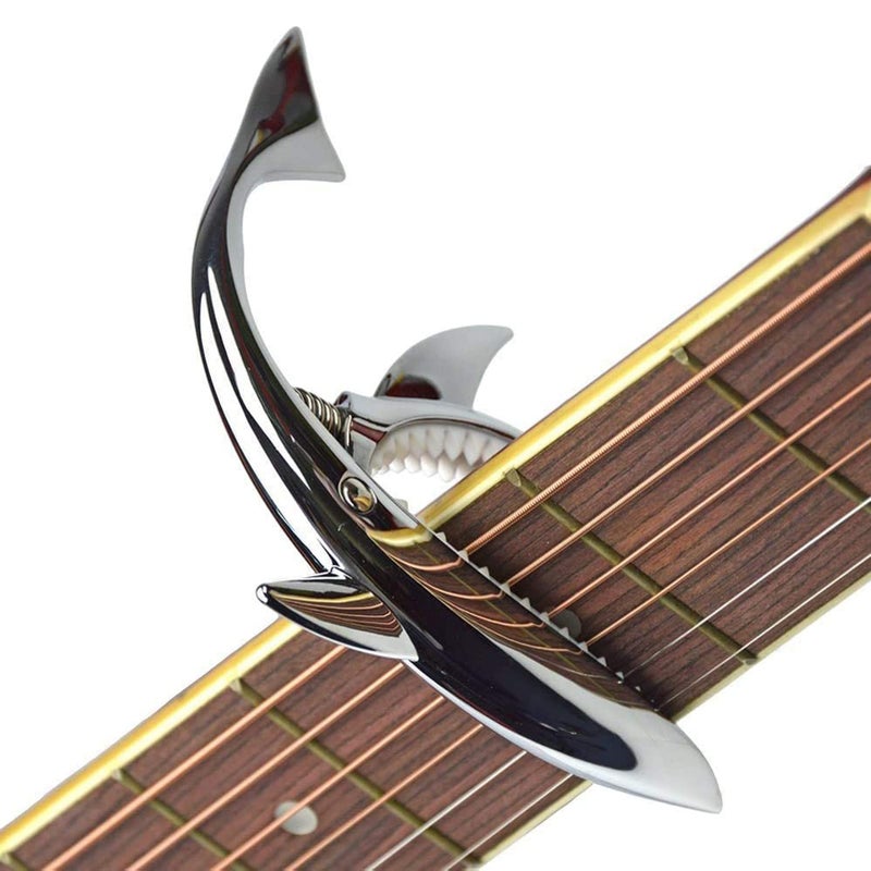 JINWEE Shark Guitar Capo for Electric Acoustic Classical Guitar with 6 Pcs Bridge Pins & Bridge Pin Puller Remover, Guitar Replacement Parts and Accessories Set(silver) - Image 5