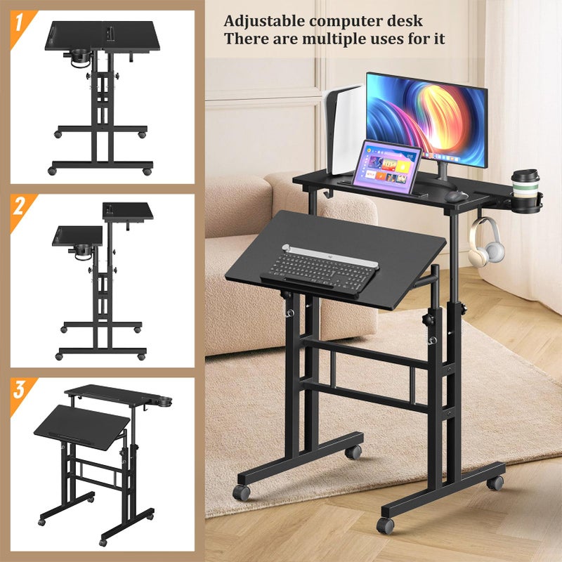 Enayplon Small Standing Desk with Wheels, Mobile Stand Up Desk, Portable Standing Table on Wheels for Walking Pad, Rolling Computer Desk Adjustable Height, Tall Table - Image 3