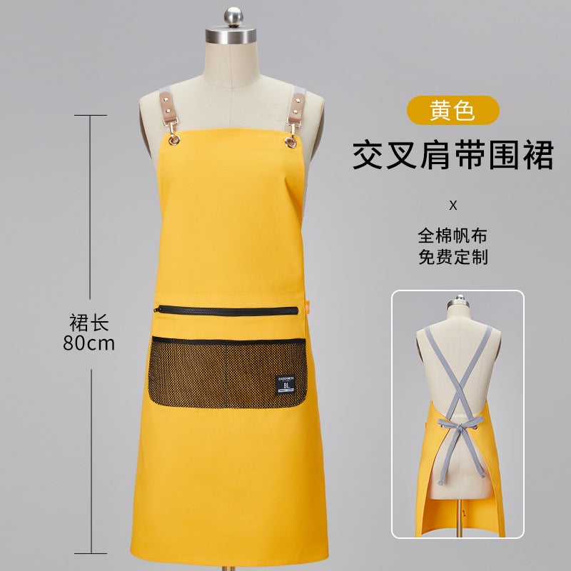 Yellow waterproof canvas apron custom logo printing catering special milk tea shop snack house supermarket work clothes women [grid pocket] ls-f2306 cotton canvas apron yellow