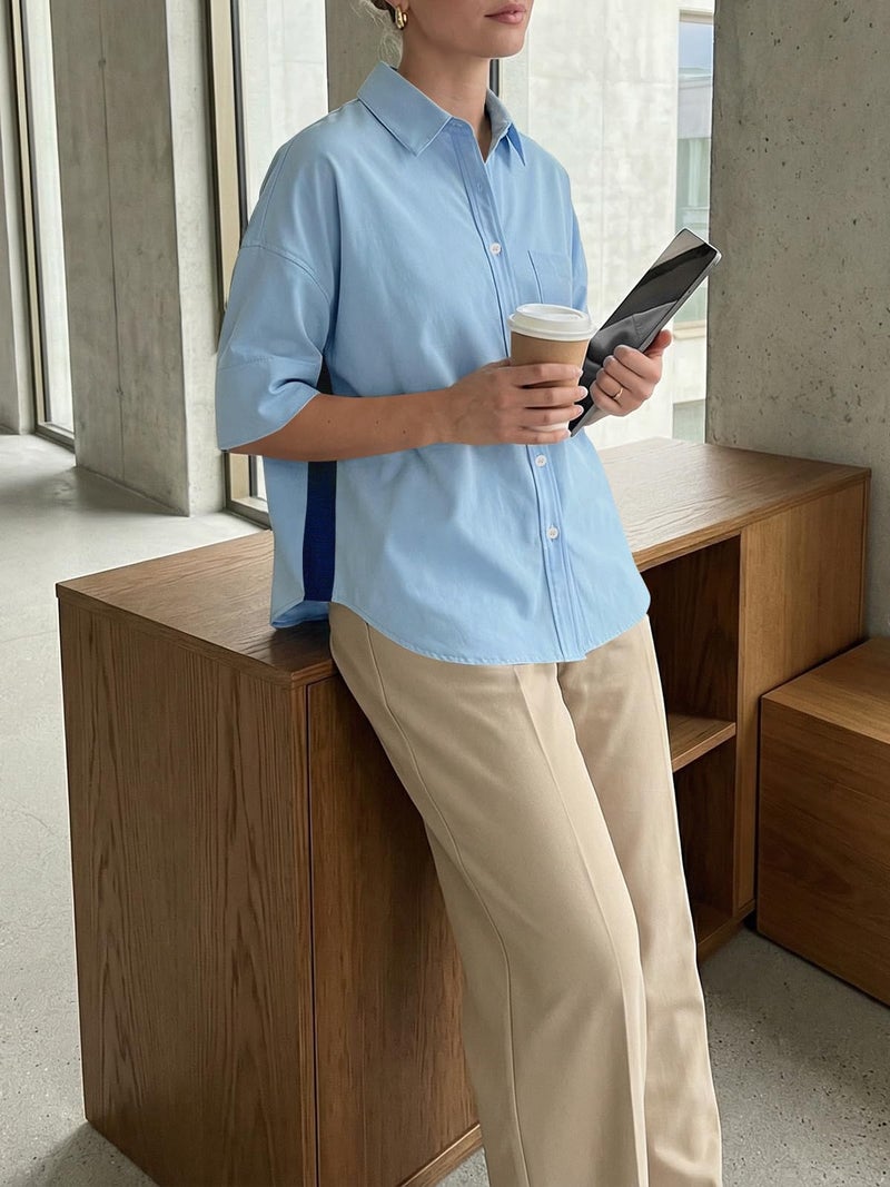 Cicy Bell Womens Summer Oversized Button Down Shirts Half Sleeve V Neck Business Casual High Low Tops Loose Fit Blouses Sky Blue - Image 5