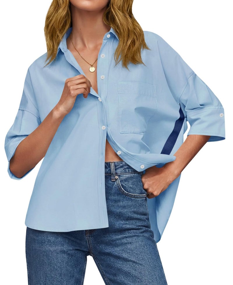 Cicy Bell Womens Summer Oversized Button Down Shirts Half Sleeve V Neck Business Casual High Low Tops Loose Fit Blouses Sky Blue - Image 1