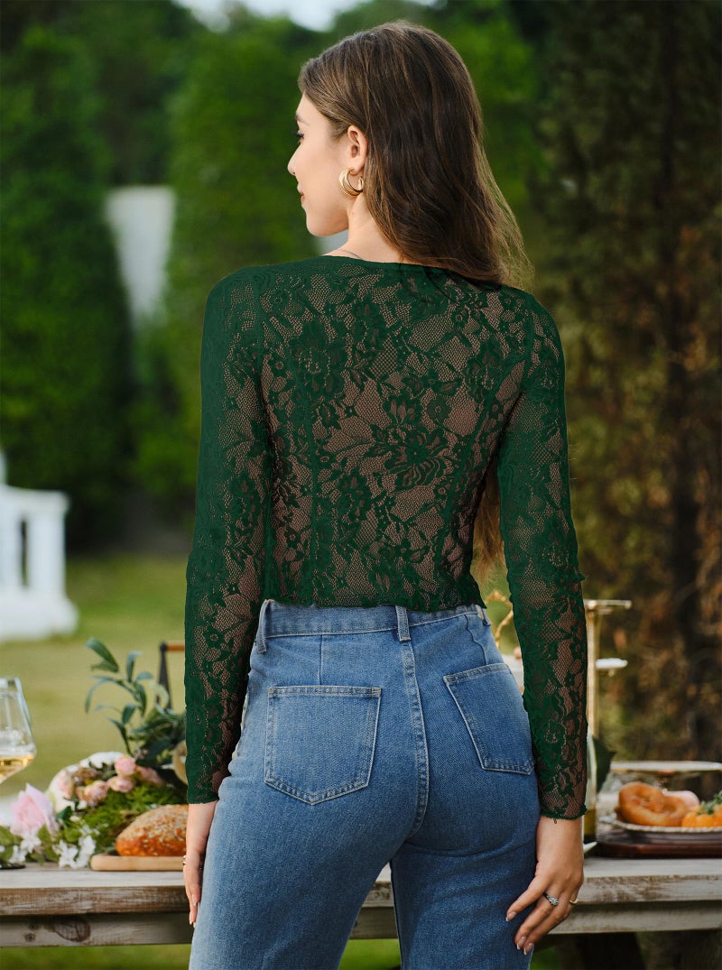 AGECODE Women's Sexy Open Front Tie Long Sleeve Ruffle Trim Sheer Mesh Lace Crop Tops Blouses Green Medium - Image 2