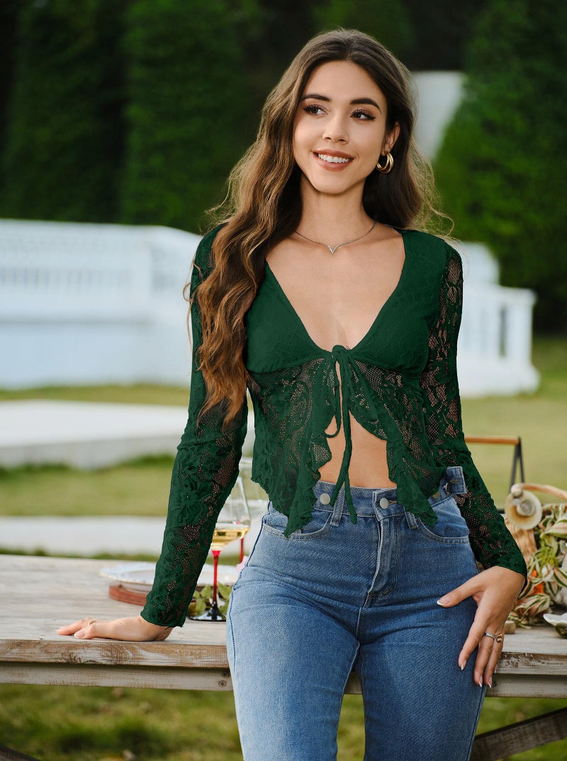 AGECODE Women's Sexy Open Front Tie Long Sleeve Ruffle Trim Sheer Mesh Lace Crop Tops Blouses Green Medium - Image 5