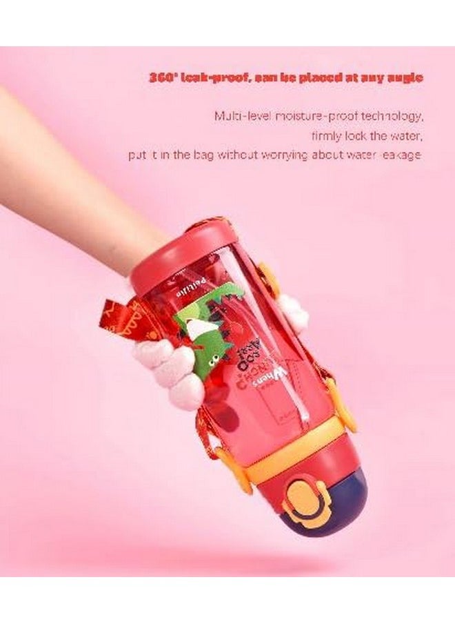 TEMSON - TEMSON 600 ML Dinosaur Character Water Bottle With Straw & Strap For Kids - Anti-leak Water Bottle For Kids. (PLJ-517-600)(Red) - Image 1
