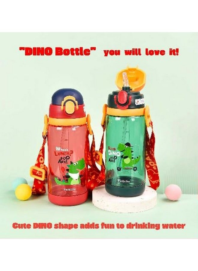 TEMSON - TEMSON 600 ML Dinosaur Character Water Bottle With Straw & Strap For Kids - Anti-leak Water Bottle For Kids. (PLJ-517-600)(Red) - Image 1