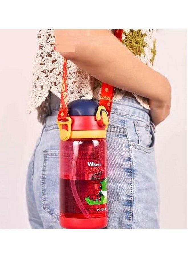TEMSON - TEMSON 600 ML Dinosaur Character Water Bottle With Straw & Strap For Kids - Anti-leak Water Bottle For Kids. (PLJ-517-600)(Red) - Image 1