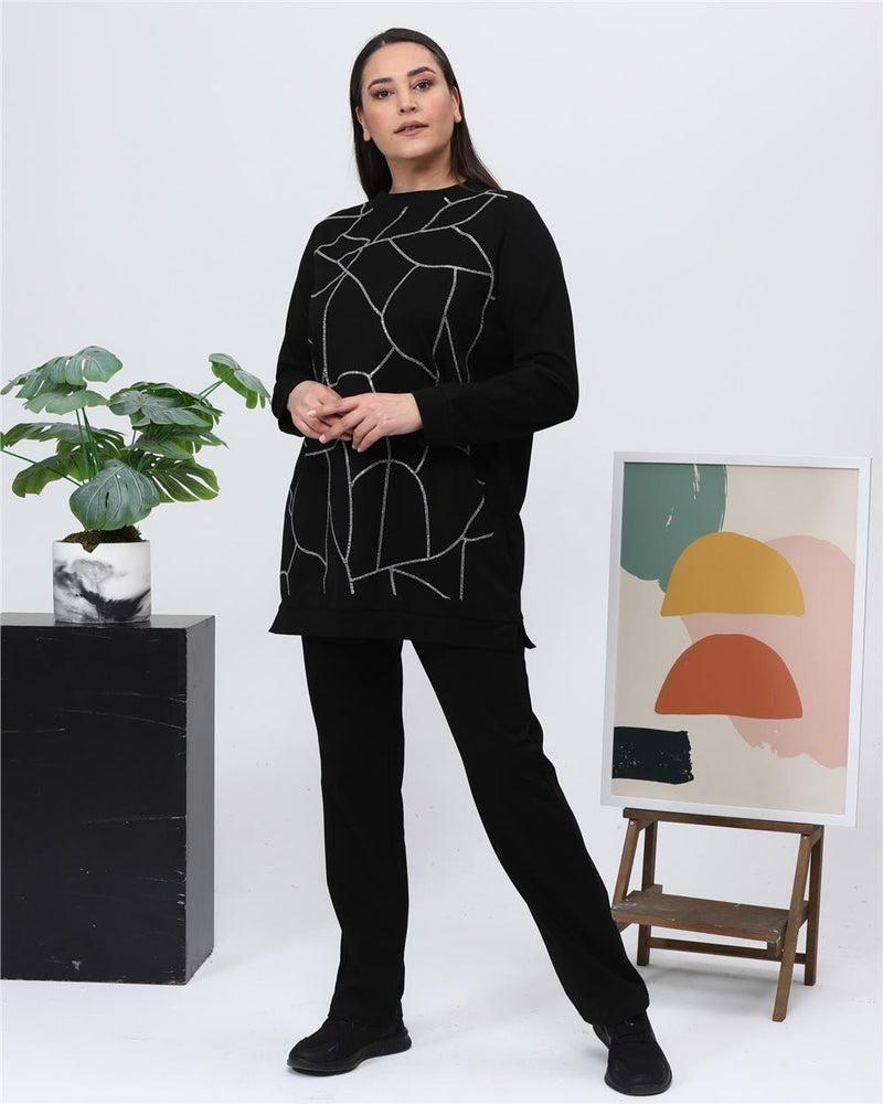 Bwest Payidar Stone Printed Large Size Double Tracksuit Sports Set - 12005 - Black - Image 1