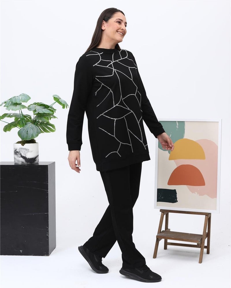 Bwest Payidar Stone Printed Large Size Double Tracksuit Sports Set - 12005 - Black - Image 5