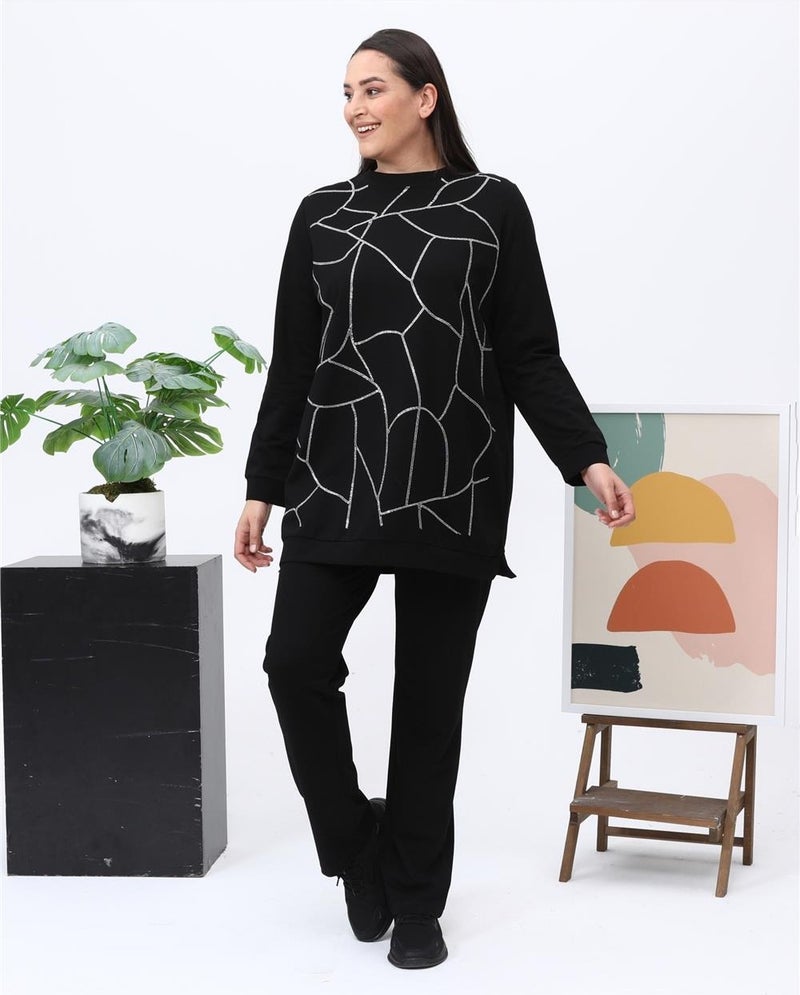 Bwest Payidar Stone Printed Large Size Double Tracksuit Sports Set - 12005 - Black - Image 2