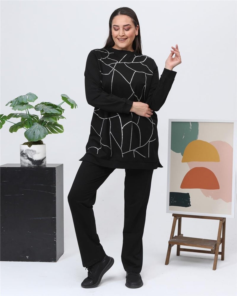 Bwest Payidar Stone Printed Large Size Double Tracksuit Sports Set - 12005 - Black - Image 4