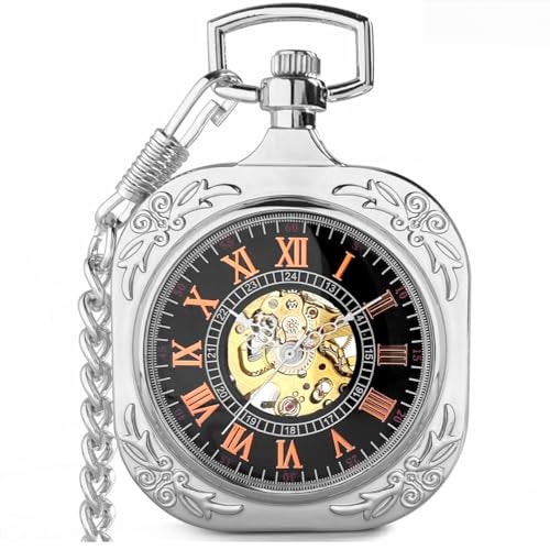 VIGOROSO Mens Square Steampunk Pocket Watch with Chain Skeleton Hand Wind Up Mechanical Pocket Watches for Men Women - Image 1