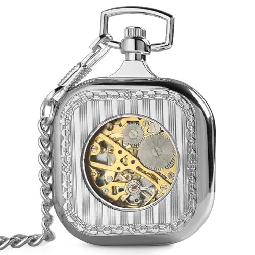 VIGOROSO Mens Square Steampunk Pocket Watch with Chain Skeleton Hand Wind Up Mechanical Pocket Watches for Men Women - Image 3