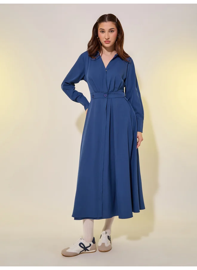 Take Two Take Two Solid Long Sleeve Wrap Look A-Line Midi Dress