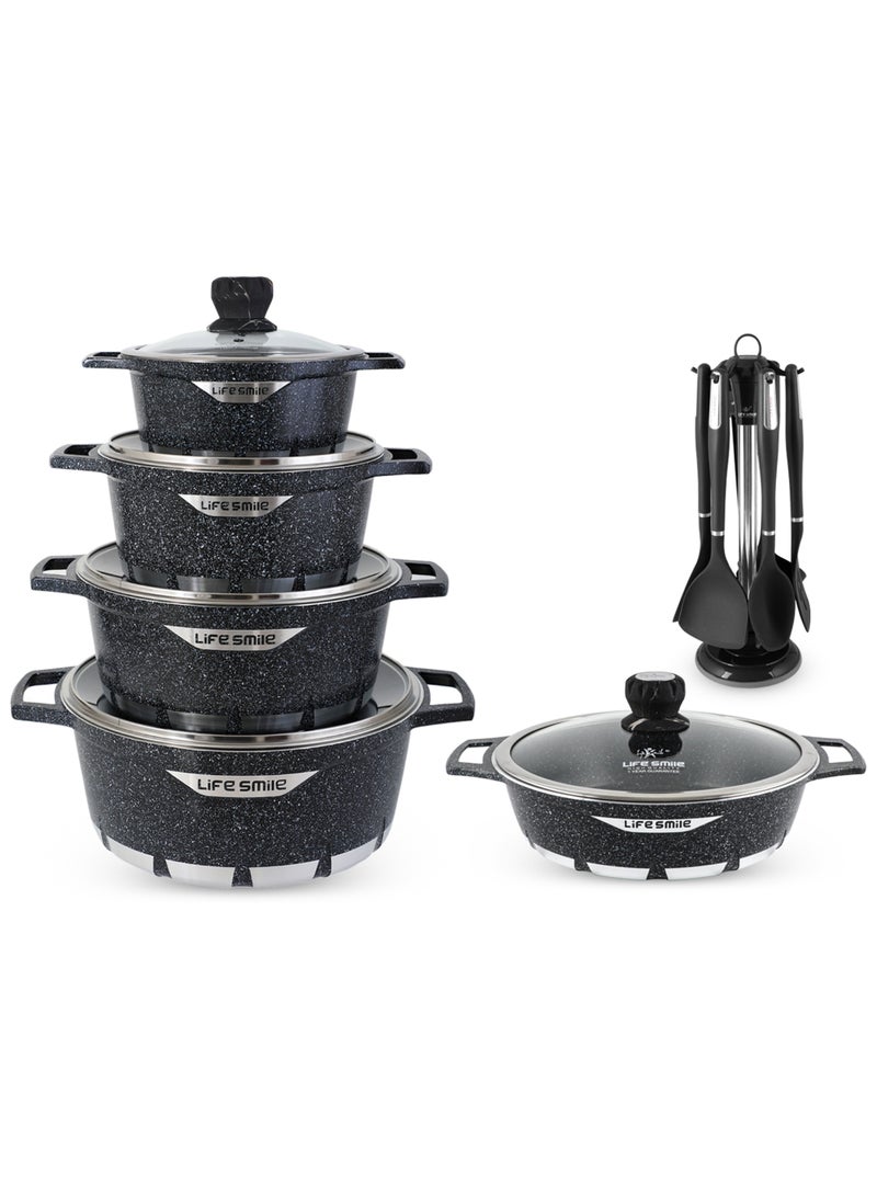 Life Smile Nonstick Cookware Set 17 pcs Cookwares-Energy Saver Bottom-Granite Coating  20cm(2.3 L)/24cm(4.1 L)/28cm (6.9 L)/ 32cm (9.5 L)Casserole with Lid, 28cmx4.4L Shallow pot with Lid & 6pcs Spoon set with Stand - Image 1