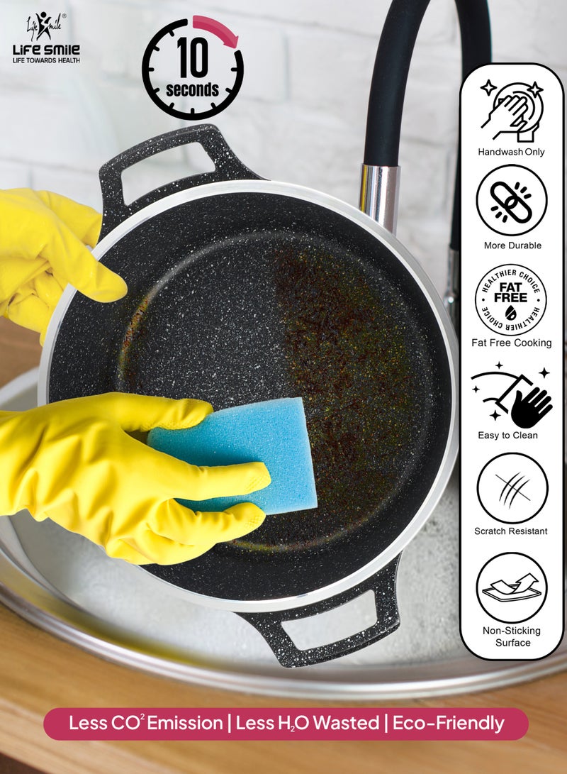 Life Smile Nonstick Cookware Set 17 pcs Cookwares-Energy Saver Bottom-Granite Coating  20cm(2.3 L)/24cm(4.1 L)/28cm (6.9 L)/ 32cm (9.5 L)Casserole with Lid, 28cmx4.4L Shallow pot with Lid & 6pcs Spoon set with Stand - Image 2