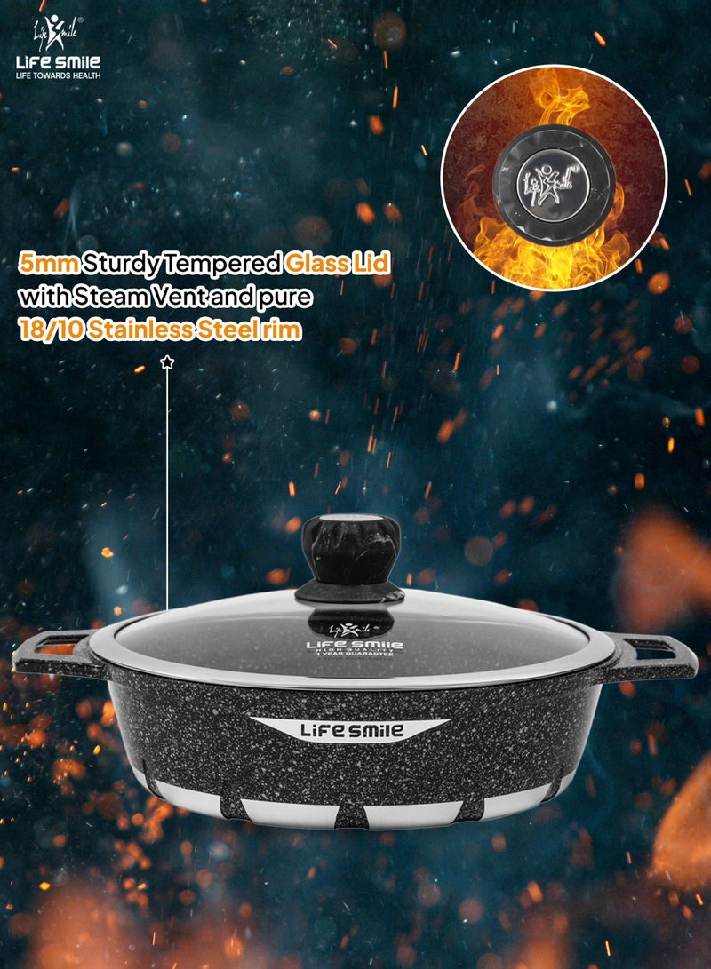 Life Smile Nonstick Cookware Set 17 pcs Cookwares-Energy Saver Bottom-Granite Coating  20cm(2.3 L)/24cm(4.1 L)/28cm (6.9 L)/ 32cm (9.5 L)Casserole with Lid, 28cmx4.4L Shallow pot with Lid & 6pcs Spoon set with Stand - Image 4